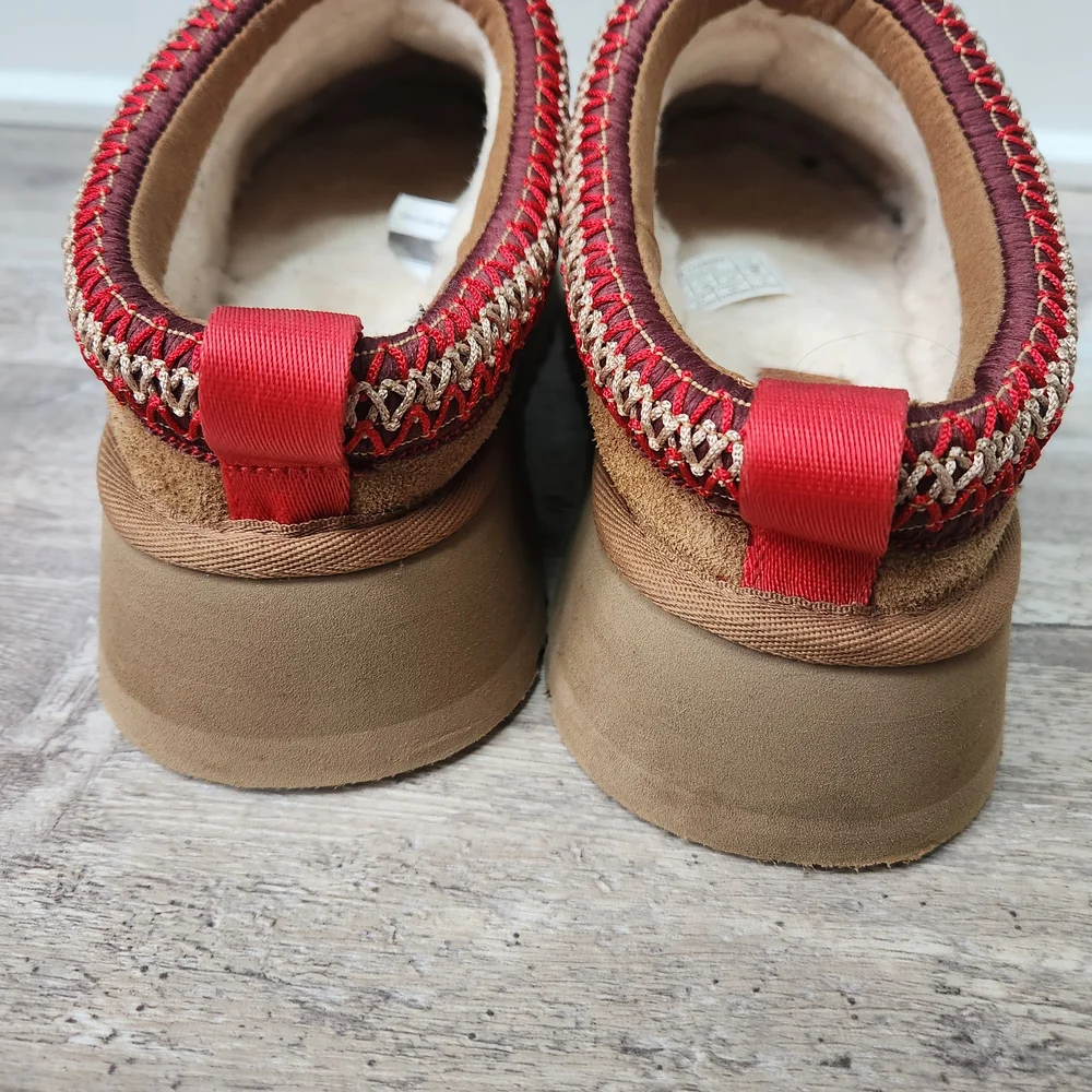 UGG Brown Suede Slippers with Red Stitching - Picture 3 of 8